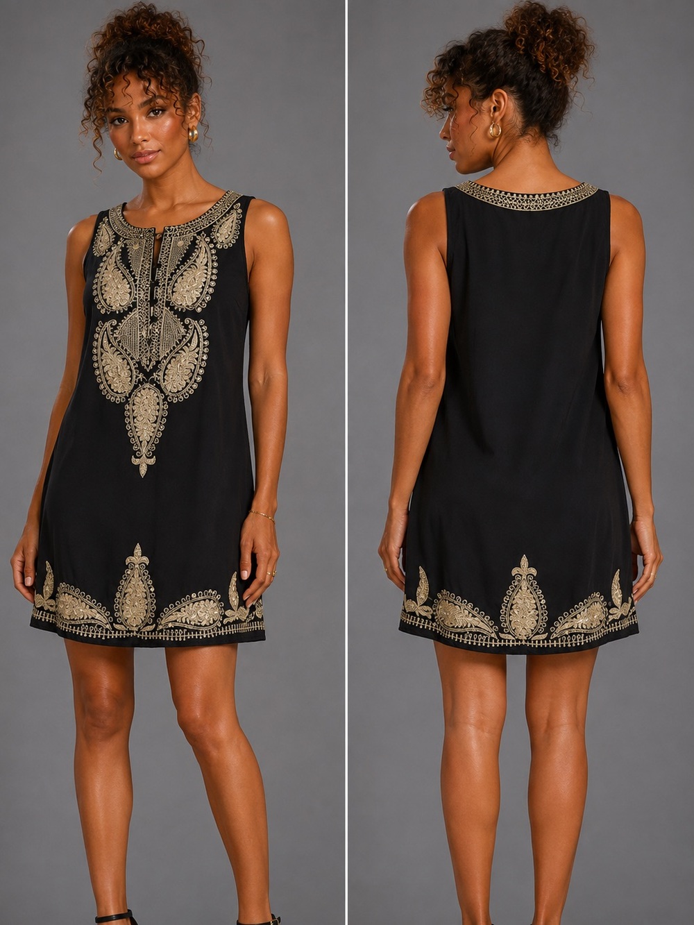 Free People Black Gold Metallic Embroidered Sequin Shift Tunic Mini Dress Size 0